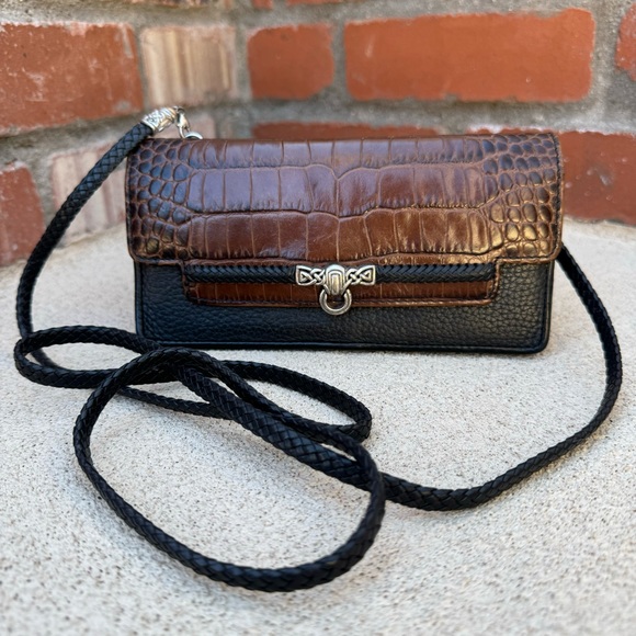 VTG Brighton🤎Leather Croc Embossed Brown/Black Wallet/Crossbody Bag - Picture 2 of 9